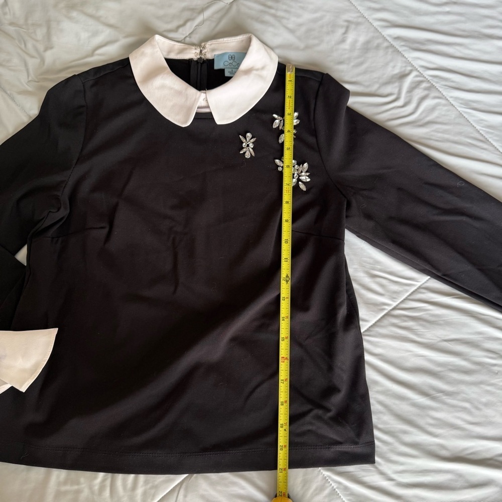 CeCe Black and White Blouse with Embellishments Rhinestone and Ruffle Sleeve - Picture 3 of 9
